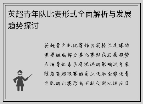 英超青年队比赛形式全面解析与发展趋势探讨 英超青年队比赛形式全面解析与发展趋势探讨