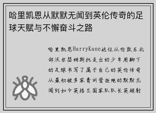 哈里凯恩从默默无闻到英伦传奇的足球天赋与不懈奋斗之路