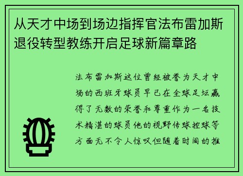 从天才中场到场边指挥官法布雷加斯退役转型教练开启足球新篇章路 从天才中场到场边指挥官法布雷加斯退役转型教练开启足球新篇章路
